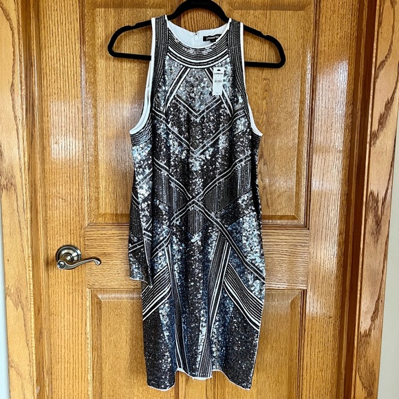 NWT Express Sequin Dress Gatsby 20s Art Deco Aztec mini dress shoulder cut out - Picture 3 of 5